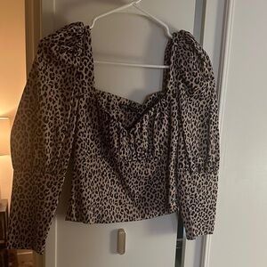 Zara Beige and Black Leopard Print Puff Sleeve Top